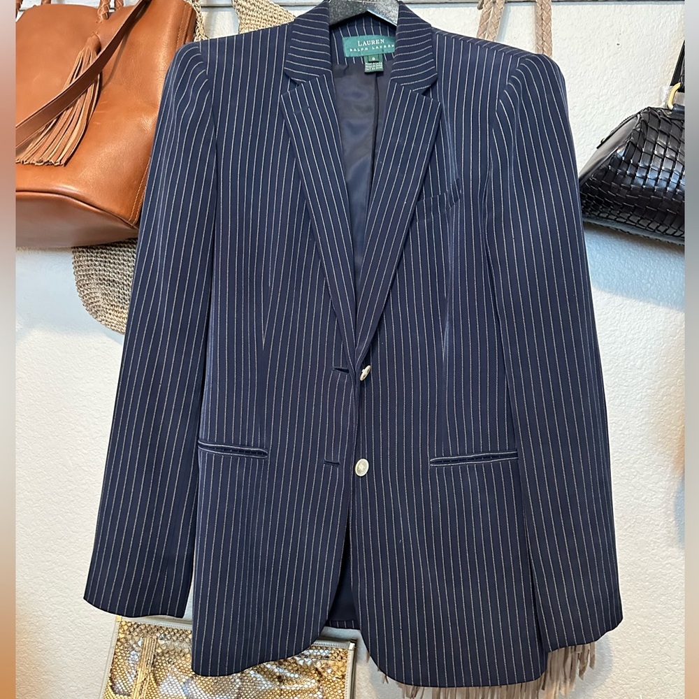 Ralph Lauren Blue Pinstripe Blazer with Notched Lapel silk